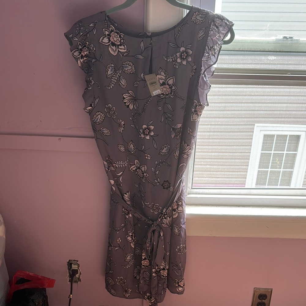 LOFT Gray Embellished Tie Front Midi Dress